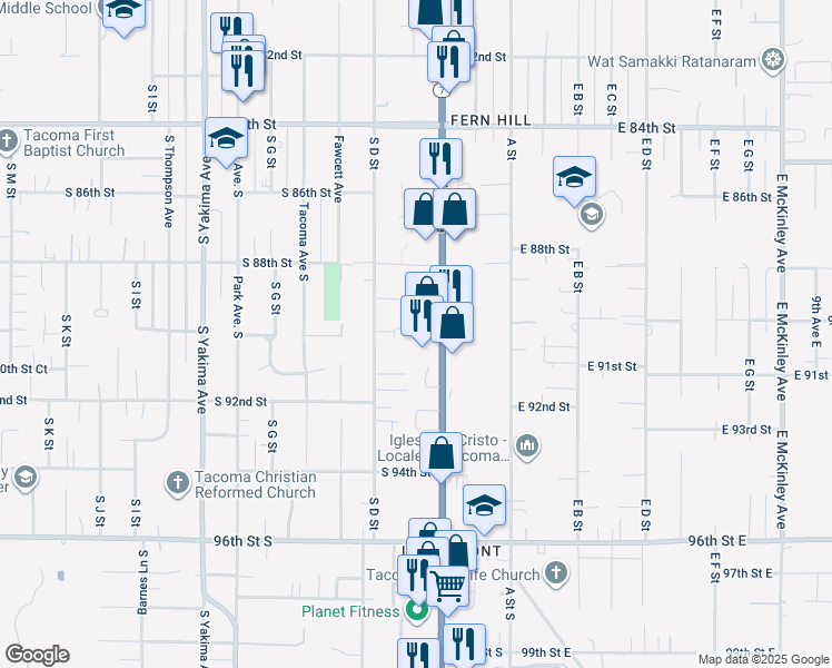 map of restaurants, bars, coffee shops, grocery stores, and more near 9002 Pacific Avenue in Tacoma