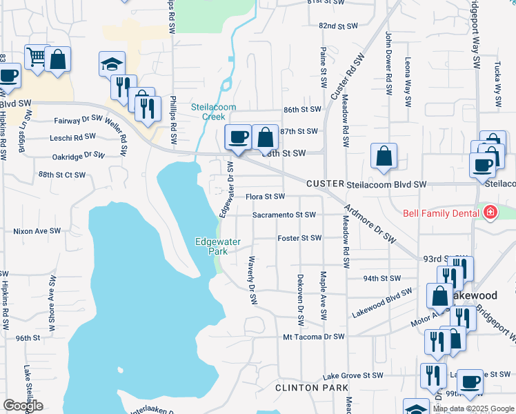 map of restaurants, bars, coffee shops, grocery stores, and more near 9013 Waverly Drive Southwest in Tacoma
