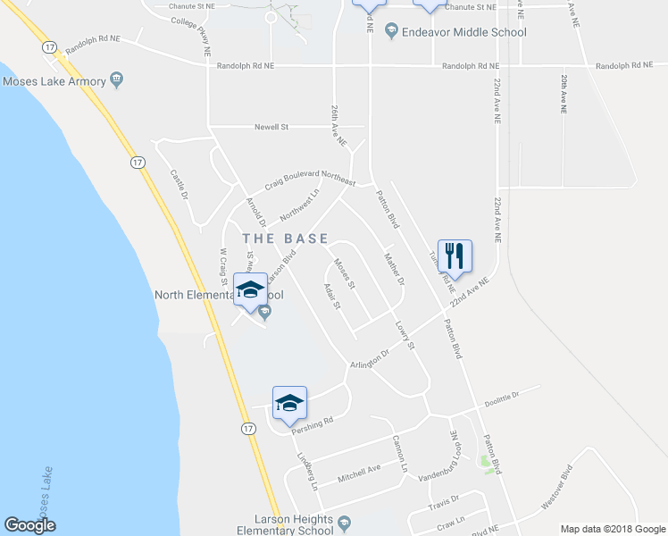 map of restaurants, bars, coffee shops, grocery stores, and more near 1239 Moses Street in Moses Lake