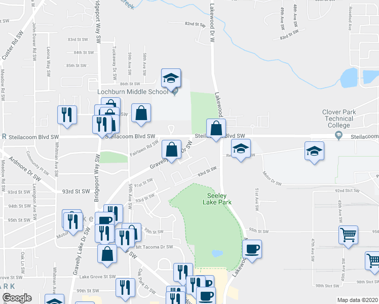 map of restaurants, bars, coffee shops, grocery stores, and more near 8911 Gravelly Lake Dr SW in Lakewood