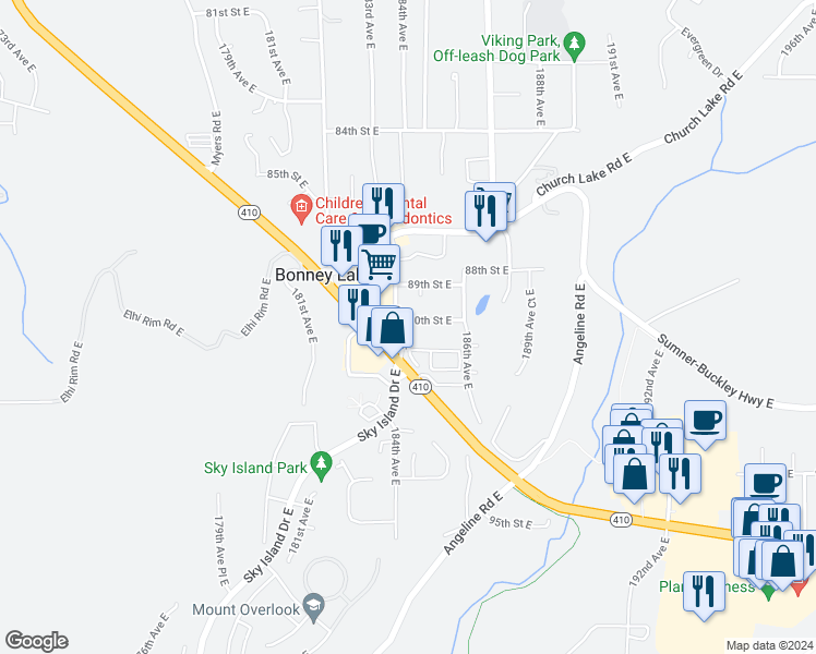 map of restaurants, bars, coffee shops, grocery stores, and more near 9002 Main Street East in Bonney Lake