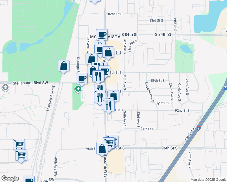 map of restaurants, bars, coffee shops, grocery stores, and more near 9021 South Tacoma Way in Lakewood