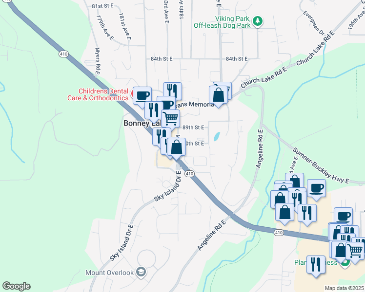 map of restaurants, bars, coffee shops, grocery stores, and more near 9002 Main Street East in Bonney Lake