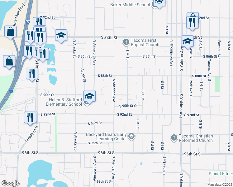 map of restaurants, bars, coffee shops, grocery stores, and more near 8821 South Sheridan Avenue in Tacoma