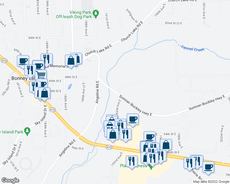 map of restaurants, bars, coffee shops, grocery stores, and more near 19401 Sumner-Buckley Highway East in Bonney Lake