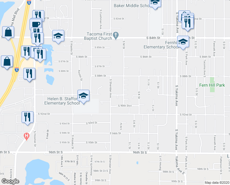 map of restaurants, bars, coffee shops, grocery stores, and more near 1321 South 90th Street in Tacoma