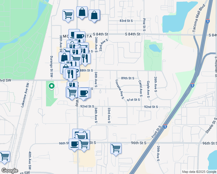 map of restaurants, bars, coffee shops, grocery stores, and more near 8906 33rd Avenue South in Lakewood
