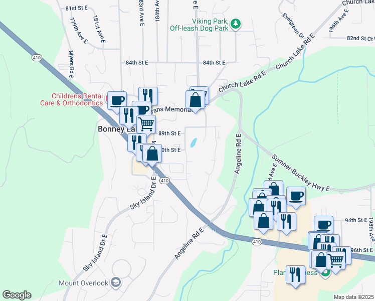 map of restaurants, bars, coffee shops, grocery stores, and more near 8806 186th Avenue East in Bonney Lake