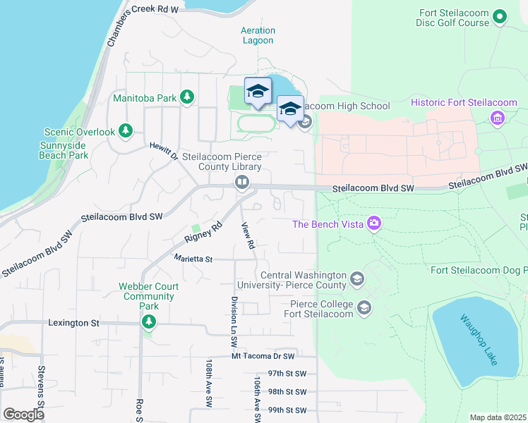 map of restaurants, bars, coffee shops, grocery stores, and more near 131 View Road in Steilacoom