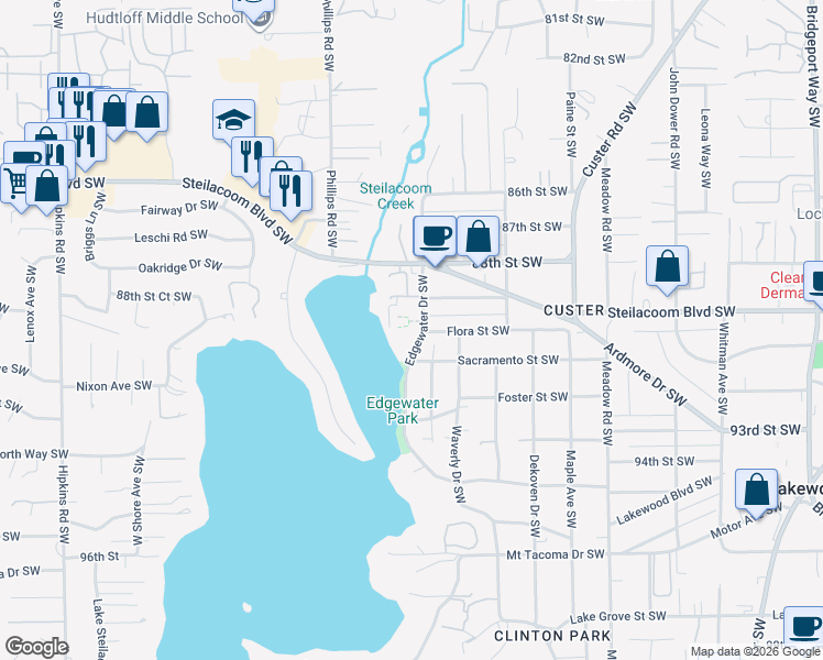 map of restaurants, bars, coffee shops, grocery stores, and more near 8858 Edgewater Drive Southwest in Tacoma