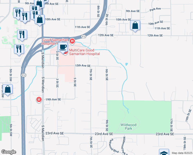 map of restaurants, bars, coffee shops, grocery stores, and more near 1601 7th Street Place Southeast in Puyallup