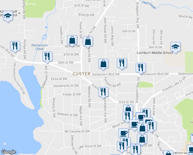 map of restaurants, bars, coffee shops, grocery stores, and more near 6507 Steilacoom Boulevard Southwest in Tacoma