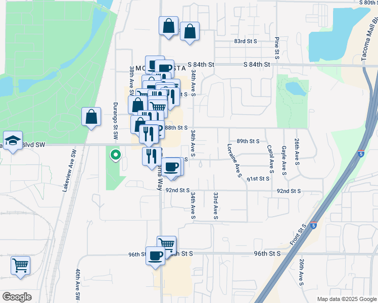 map of restaurants, bars, coffee shops, grocery stores, and more near 8820 34th Avenue South in Lakewood