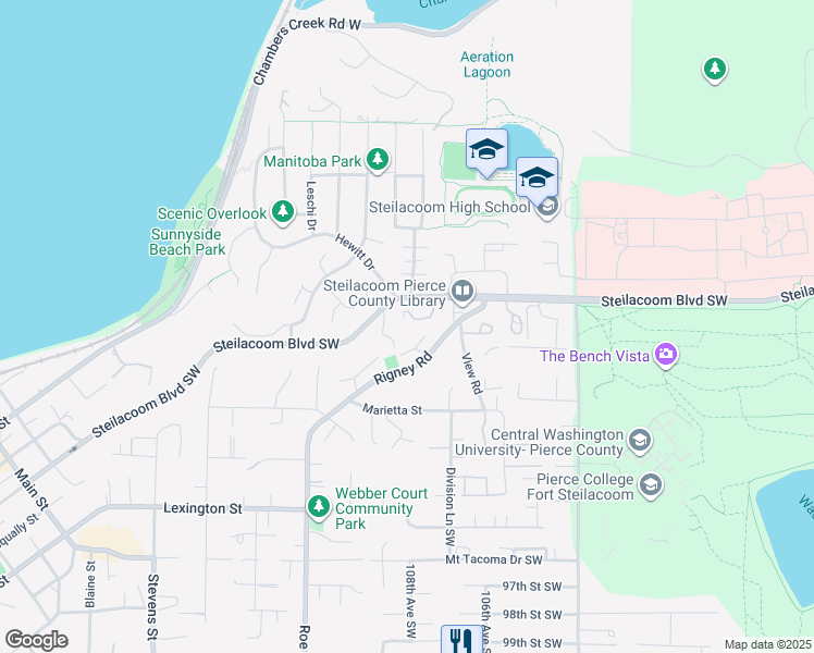 map of restaurants, bars, coffee shops, grocery stores, and more near 2814 Garden Court in Steilacoom