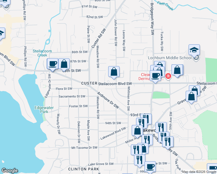 map of restaurants, bars, coffee shops, grocery stores, and more near 6507 Steilacoom Boulevard Southwest in Tacoma