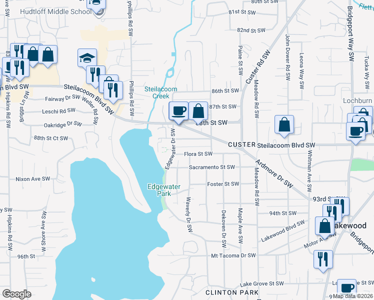 map of restaurants, bars, coffee shops, grocery stores, and more near 7024 Cherry Lane Southwest in Lakewood