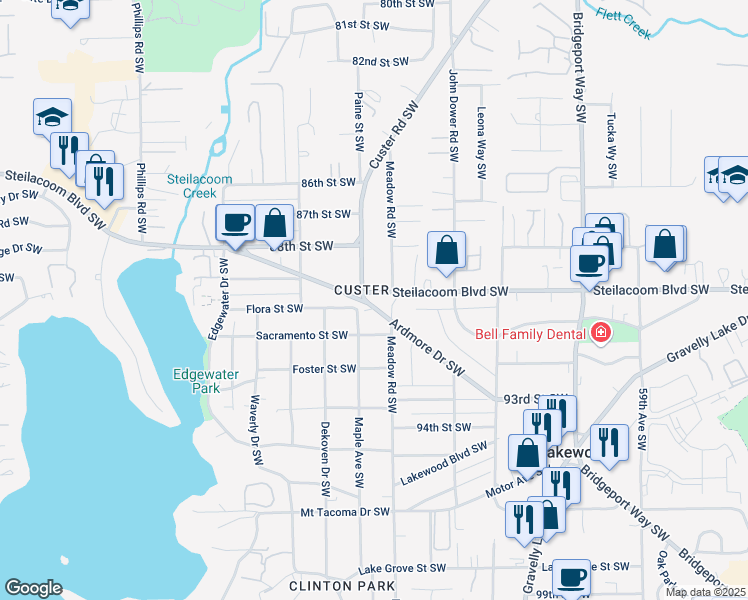map of restaurants, bars, coffee shops, grocery stores, and more near in Lakewood