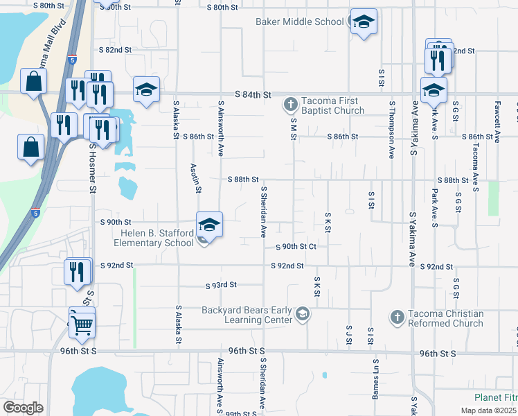 map of restaurants, bars, coffee shops, grocery stores, and more near 8821 South Sheridan Avenue in Tacoma