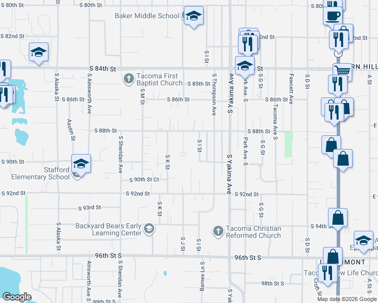 map of restaurants, bars, coffee shops, grocery stores, and more near 8822 South I Street in Tacoma