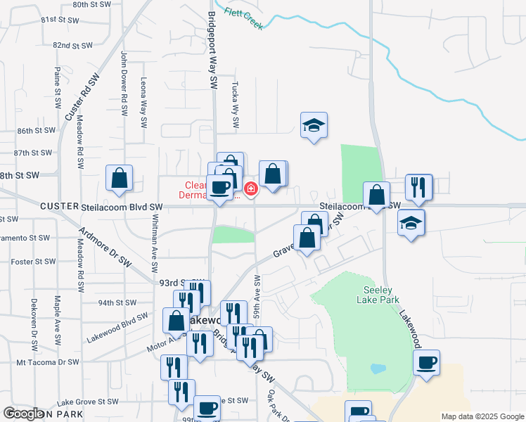 map of restaurants, bars, coffee shops, grocery stores, and more near 8903 59th Avenue Southwest in Tacoma