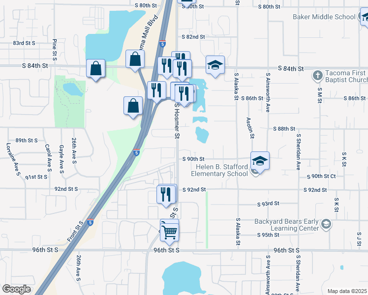 map of restaurants, bars, coffee shops, grocery stores, and more near 8931-8955 South Hosmer Street in Tacoma