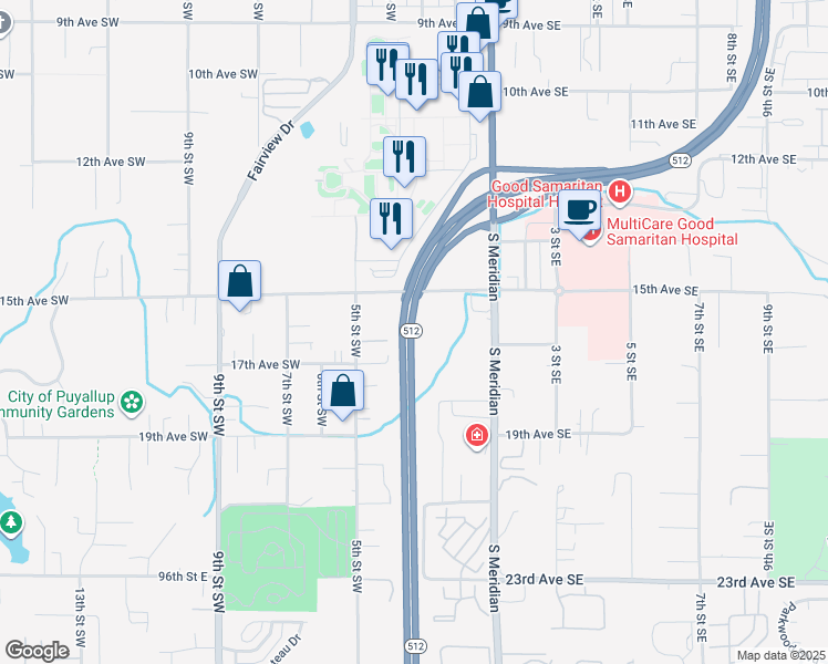 map of restaurants, bars, coffee shops, grocery stores, and more near 14503 South Meridian in Puyallup