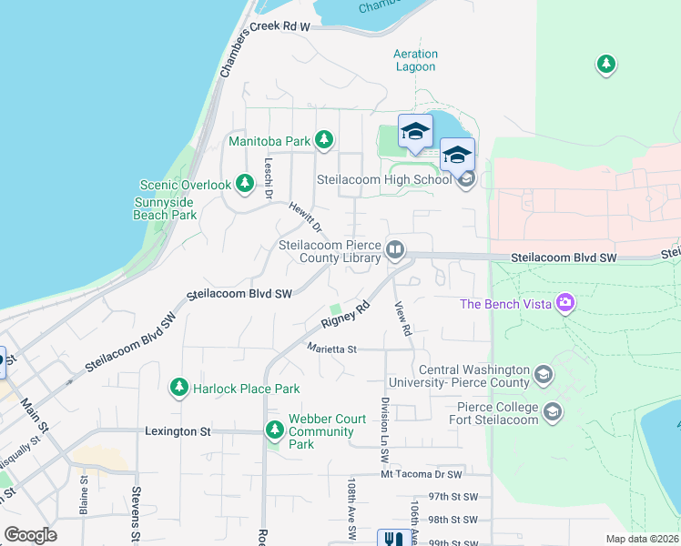 map of restaurants, bars, coffee shops, grocery stores, and more near 2812 Garden Court in Steilacoom