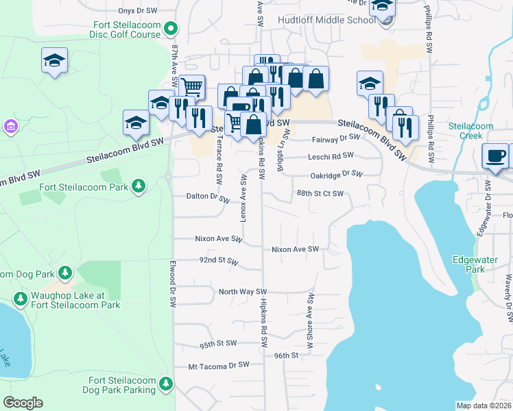 map of restaurants, bars, coffee shops, grocery stores, and more near 8822 Hipkins Road Southwest in Lakewood