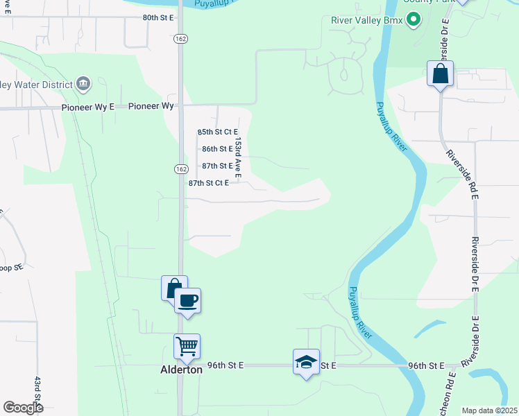 map of restaurants, bars, coffee shops, grocery stores, and more near 15216 88th Street East in Puyallup