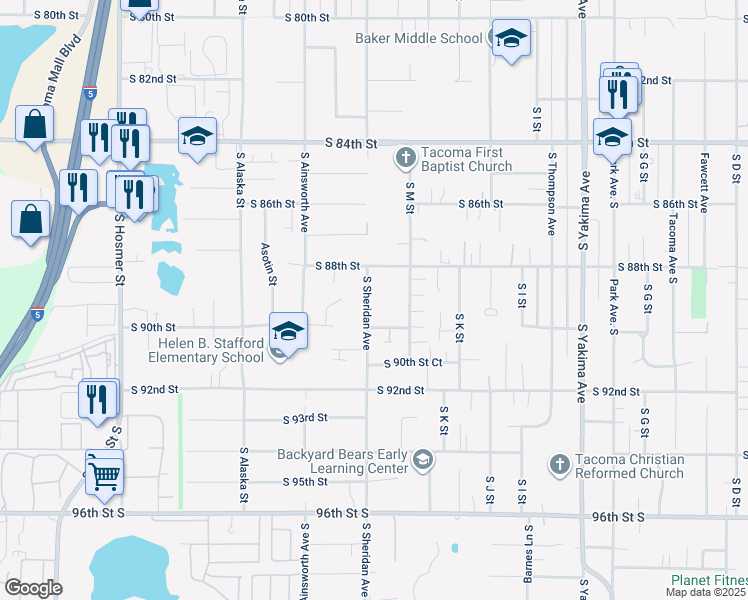map of restaurants, bars, coffee shops, grocery stores, and more near 8821 South Sheridan Avenue in Tacoma