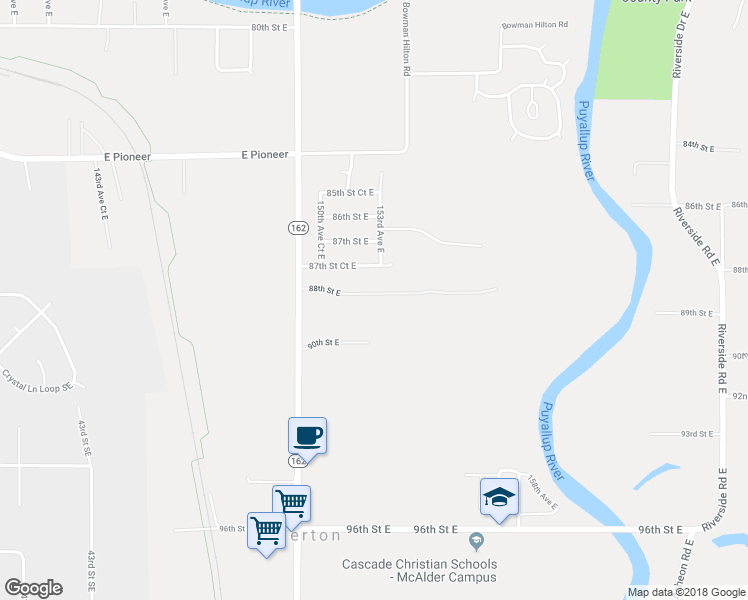 map of restaurants, bars, coffee shops, grocery stores, and more near 15118 88th Street East in Puyallup