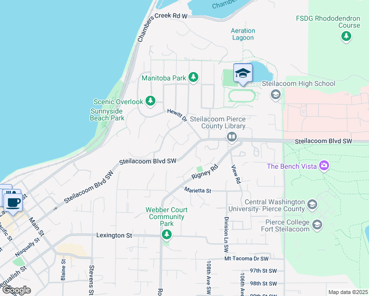 map of restaurants, bars, coffee shops, grocery stores, and more near 110 Lila Street in Steilacoom