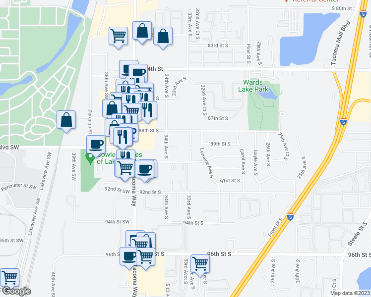 map of restaurants, bars, coffee shops, grocery stores, and more near 8906 33rd Avenue South in Lakewood