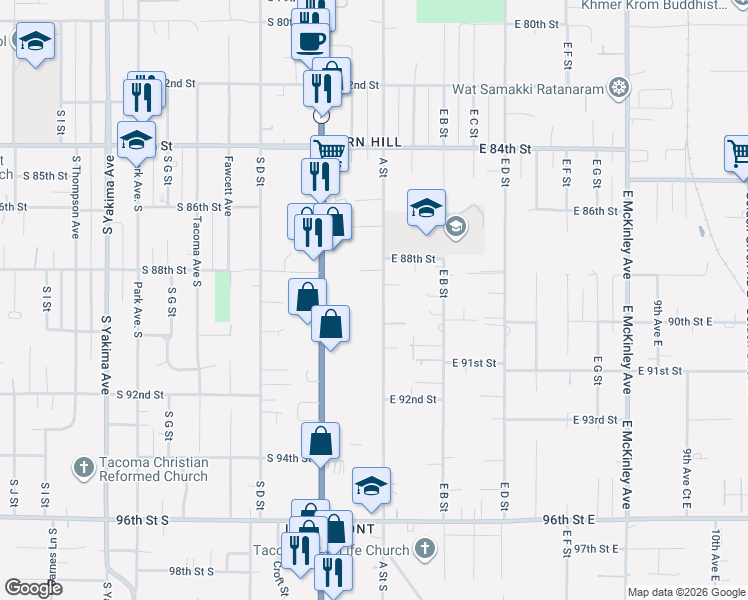 map of restaurants, bars, coffee shops, grocery stores, and more near 8818 A Street in Tacoma
