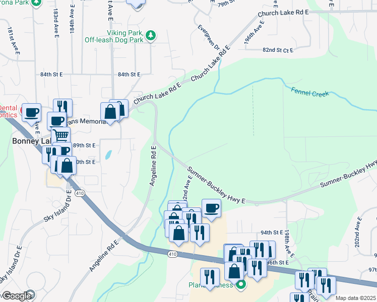 map of restaurants, bars, coffee shops, grocery stores, and more near 19401 Sumner-Buckley Highway East in Bonney Lake