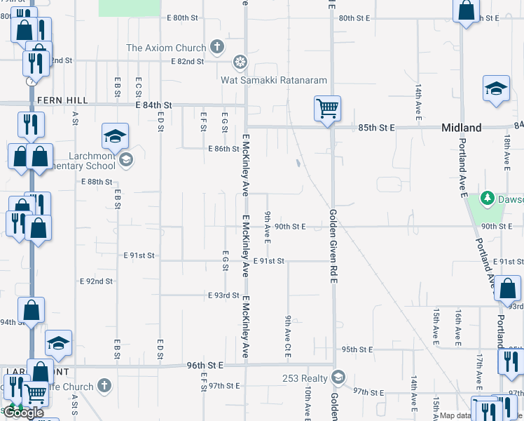 map of restaurants, bars, coffee shops, grocery stores, and more near 8814 9th Avenue East in Tacoma