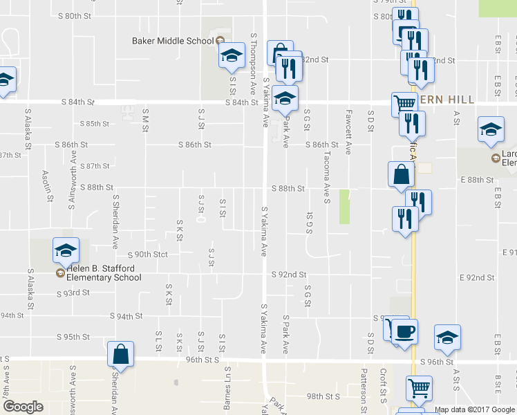 map of restaurants, bars, coffee shops, grocery stores, and more near 8818 South Yakima Avenue in Tacoma