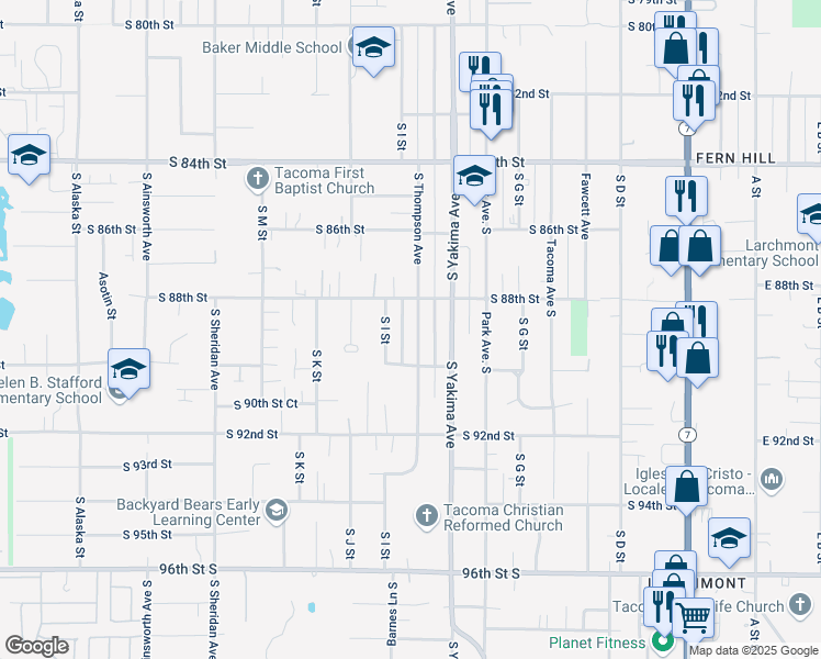 map of restaurants, bars, coffee shops, grocery stores, and more near 8824 South Thompson Avenue in Tacoma