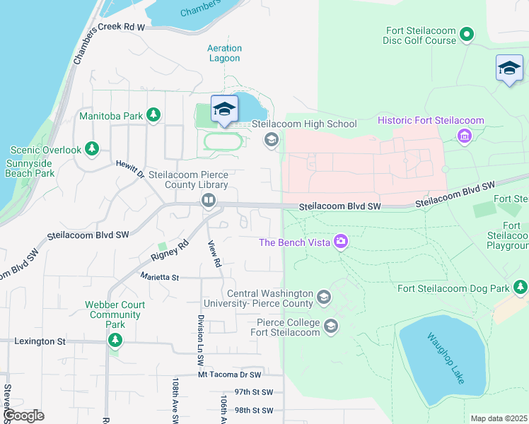 map of restaurants, bars, coffee shops, grocery stores, and more near 3024 Steilacoom Boulevard Southwest in Steilacoom