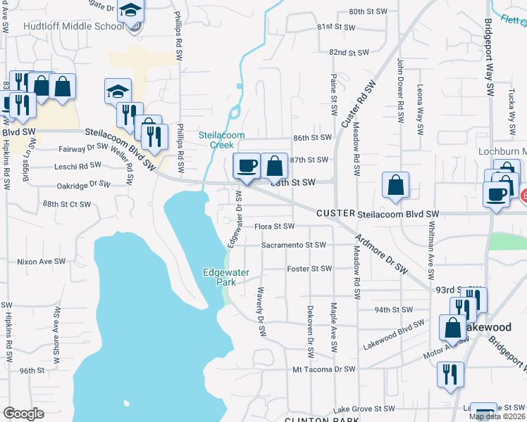 map of restaurants, bars, coffee shops, grocery stores, and more near 7024 Cherry Lane Southwest in Lakewood