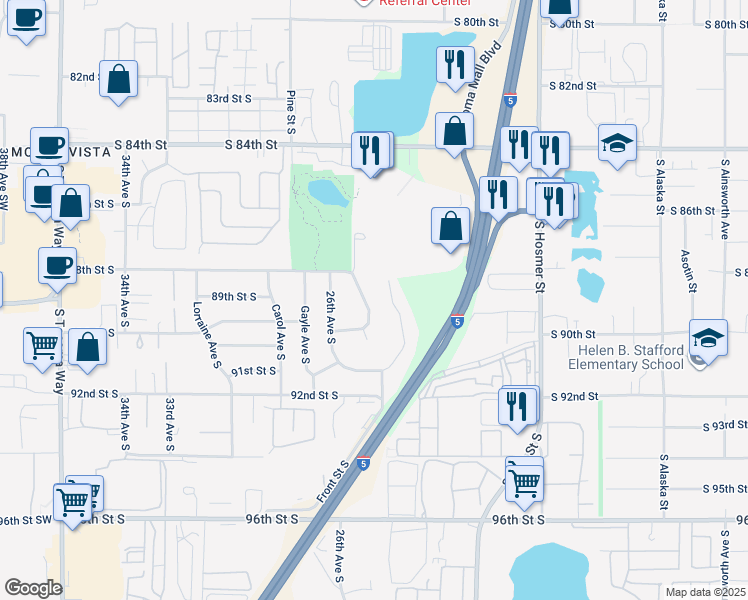 map of restaurants, bars, coffee shops, grocery stores, and more near 8903 25th Avenue Court South in Lakewood