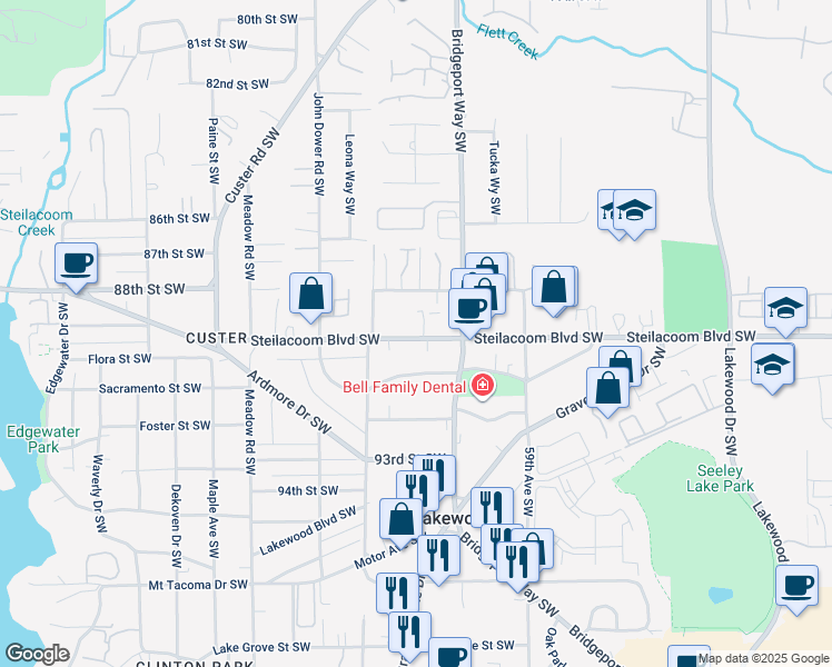 map of restaurants, bars, coffee shops, grocery stores, and more near 6131 Steilacoom Boulevard Southwest in Lakewood