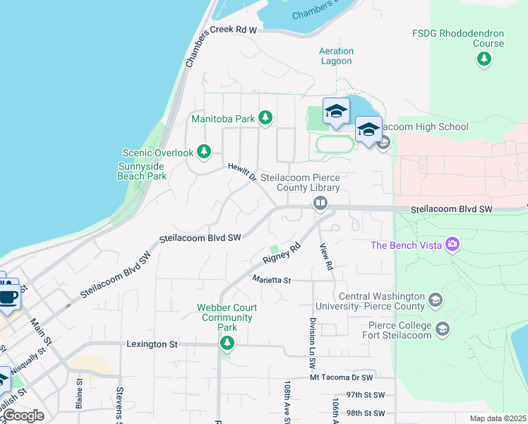 map of restaurants, bars, coffee shops, grocery stores, and more near 110 Lila Street in Steilacoom