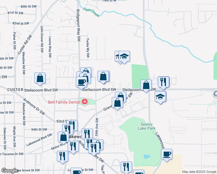 map of restaurants, bars, coffee shops, grocery stores, and more near 5485 Steilacoom Boulevard Southwest in Lakewood