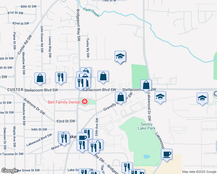 map of restaurants, bars, coffee shops, grocery stores, and more near 5485 Steilacoom Boulevard Southwest in Lakewood