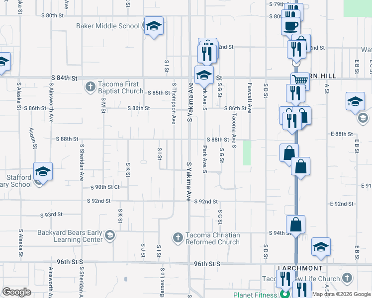 map of restaurants, bars, coffee shops, grocery stores, and more near 8818 South Yakima Avenue in Tacoma