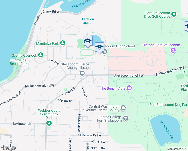 map of restaurants, bars, coffee shops, grocery stores, and more near 3004 Steilacoom Boulevard Southwest in Steilacoom