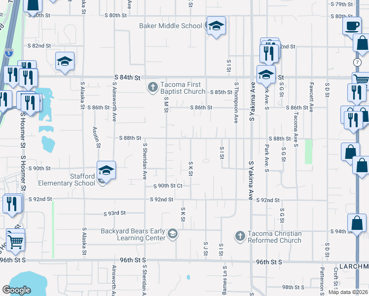 map of restaurants, bars, coffee shops, grocery stores, and more near 8823 South M Street in Tacoma