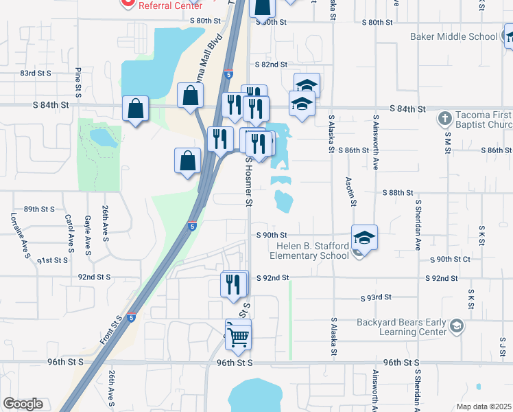 map of restaurants, bars, coffee shops, grocery stores, and more near 8931-8955 South Hosmer Street in Tacoma