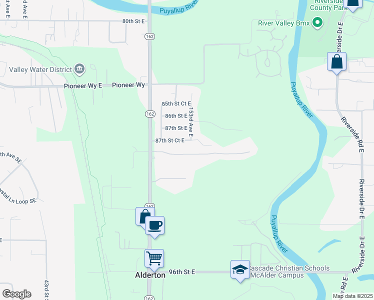 map of restaurants, bars, coffee shops, grocery stores, and more near 15118 88th Street East in Puyallup
